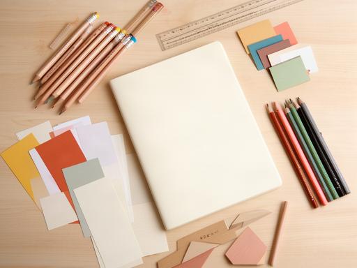 ノート、色鉛筆、紙素材を机に広げた、制作前の道具選びの様子
