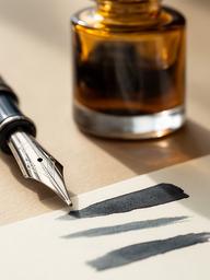 万年筆のペン先とインク瓶、試し書きした紙を自然光のもとで撮影