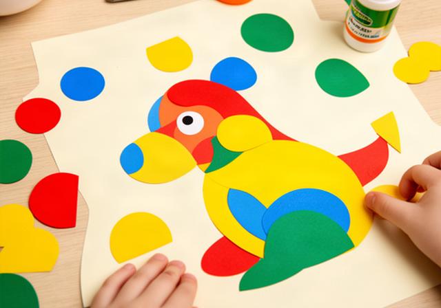 色紙を貼り合わせて動物の形を作る、幼児向けの切り貼り工作