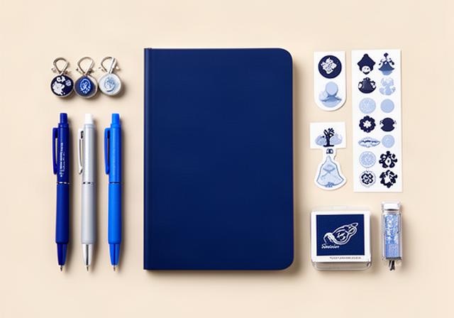 青系のペン、ノート、シールを組み合わせた推し色文具のセット