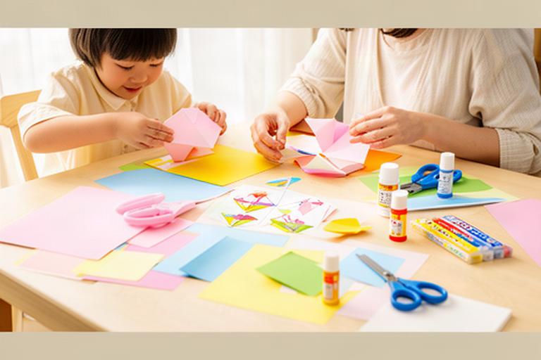 明るい木のテーブルで親子が色紙やはさみを広げ、紙の工作を一緒に進めている様子